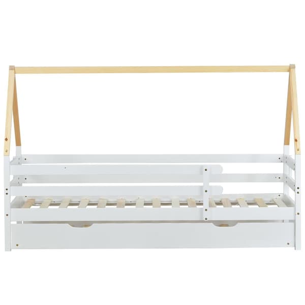 Trähus Säng, Dagbädd, Enkelsäng, Utdragbar Säng med Hjulsystem, Massivt Trä, Vit & Naturtak (90x200 & 90x190 cm)