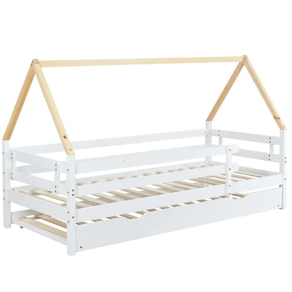 Trähus Säng, Dagbädd, Enkelsäng, Utdragbar Säng med Hjulsystem, Massivt Trä, Vit & Naturtak (90x200 & 90x190 cm)