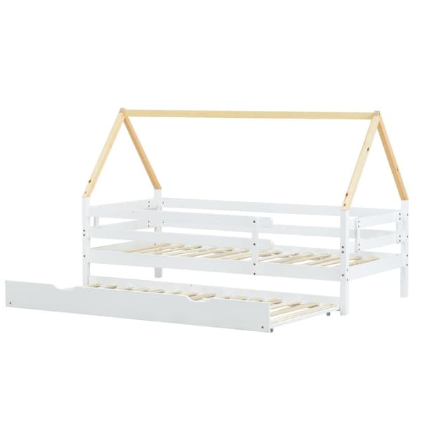 Trähus Säng, Dagbädd, Enkelsäng, Utdragbar Säng med Hjulsystem, Massivt Trä, Vit & Naturtak (90x200 & 90x190 cm)