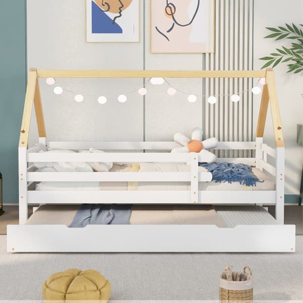 Trähus Säng, Dagbädd, Enkelsäng, Utdragbar Säng med Hjulsystem, Massivt Trä, Vit & Naturtak (90x200 & 90x190 cm)