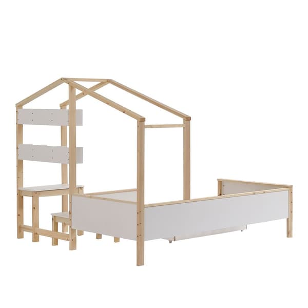 Børneseng 90x200 cm i massivt træ med skuffer, hylde, skrivebord, gelænder og lamelbund - hvid