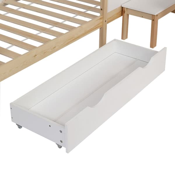 Børneseng 90x200 cm i massivt træ med skuffer, hylde, skrivebord, gelænder og lamelbund - hvid