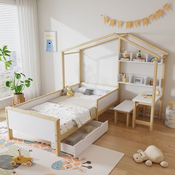 Barnsäng 90x200 cm i Massivt Trä med Lådor, Hylla, Skrivbord, Räcke och Lamellbotten - Vit
