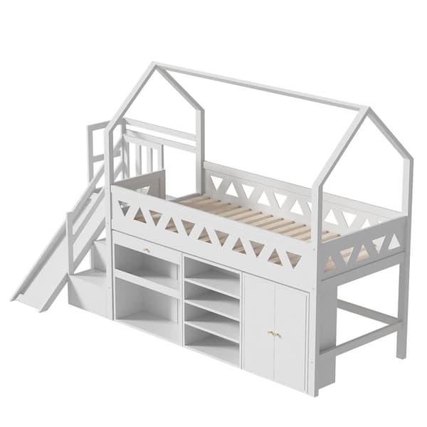 Parvisänky 90x200 cm puuta ja MDF-levyä liukumäellä, portaat, säilytyslaatikot, valkoinen (ilman patjaa)