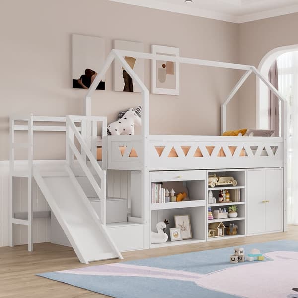 Parvisänky 90x200 cm puuta ja MDF-levyä liukumäellä, portaat, säilytyslaatikot, valkoinen (ilman patjaa)