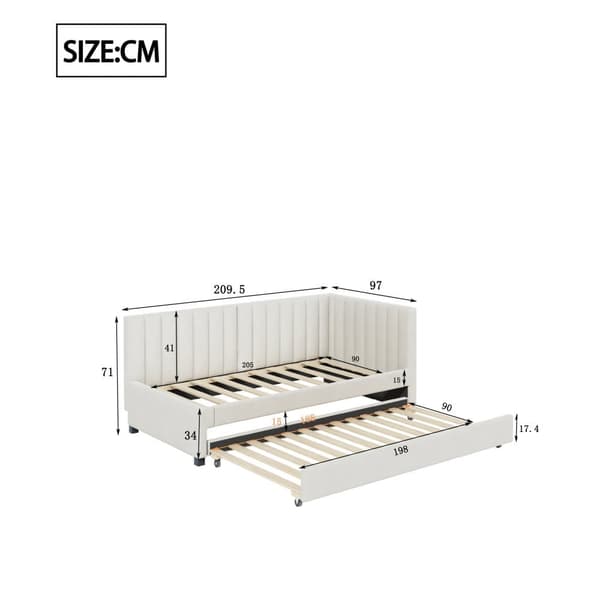 Enkeltseng 90x200 cm med udtræksseng - Polstret i velour med lamelbund - Beige
