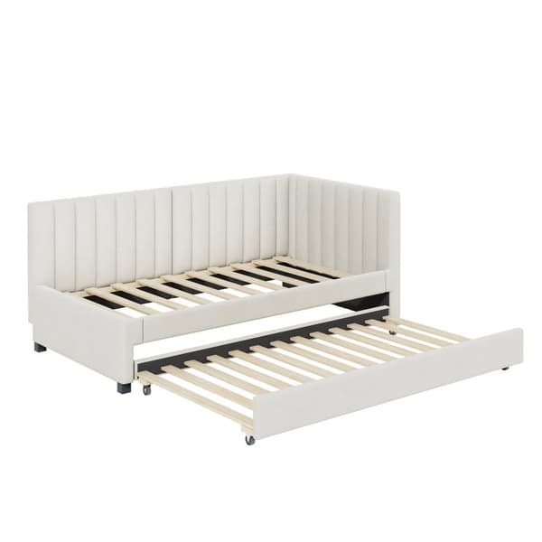 Enkeltseng 90x200 cm med udtræksseng - Polstret i velour med lamelbund - Beige