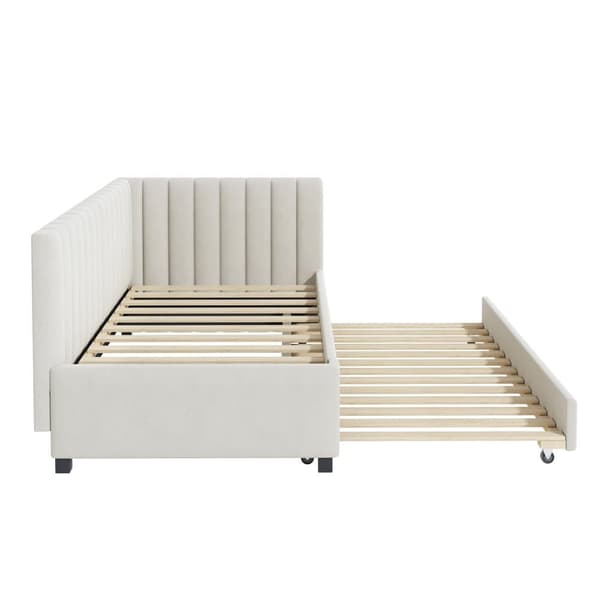 Enkeltseng 90x200 cm med udtræksseng - Polstret i velour med lamelbund - Beige