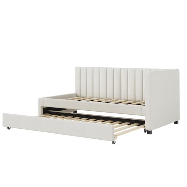 Enkeltseng 90x200 cm med udtræksseng - Polstret i velour med lamelbund - Beige
