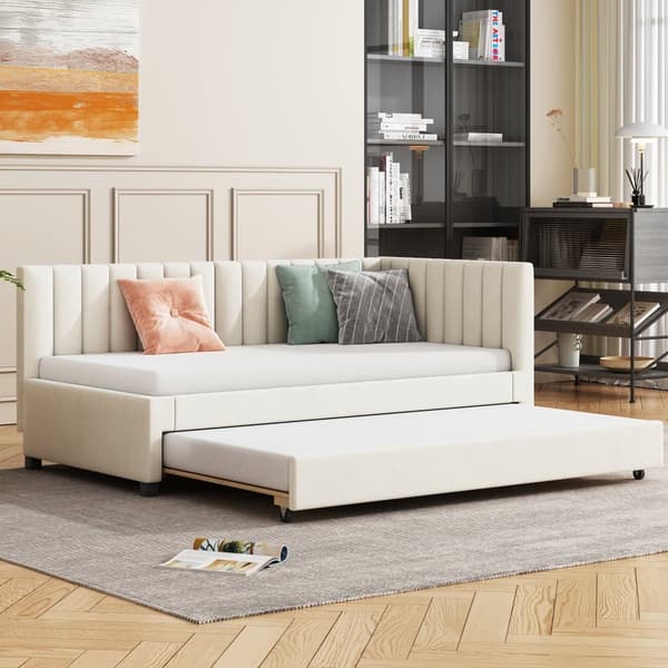 Enkeltseng 90x200 cm med udtræksseng - Polstret i velour med lamelbund - Beige