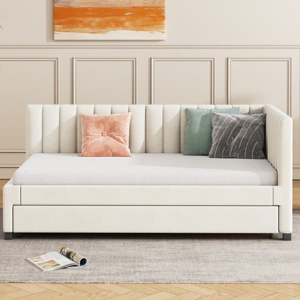 Enkeltseng 90x200 cm med udtræksseng - Polstret i velour med lamelbund - Beige