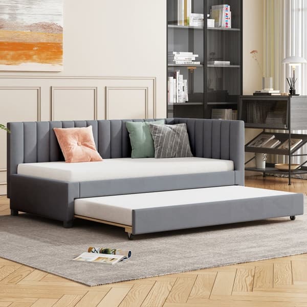 Enkeltseng 90x200 cm med udtræksseng - Polstret i velour med lamelbund - Grå