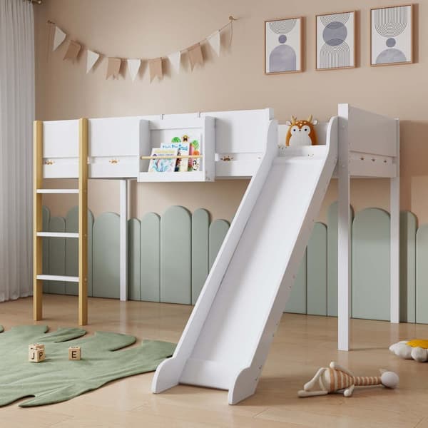 Parvisänky 90x200 cm mäntyä ja MDF-levyä – irrotettavalla hyllyllä, tikkailla ja liukumäellä – valkoinen