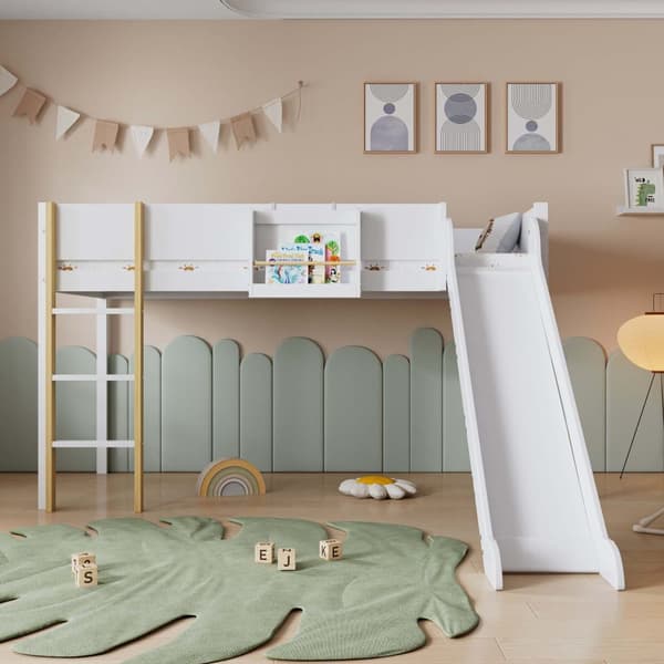Parvisänky 90x200 cm mäntyä ja MDF-levyä – irrotettavalla hyllyllä, tikkailla ja liukumäellä – valkoinen