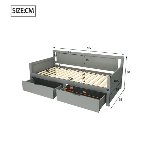 Sovesofa 90x200 cm – med 2 skuffer – i massivt træ – grå