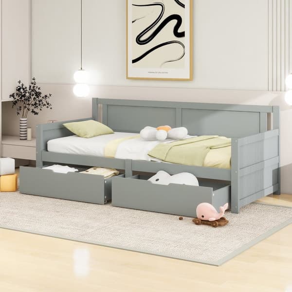 Sovesofa 90x200 cm – med 2 skuffer – i massivt træ – grå