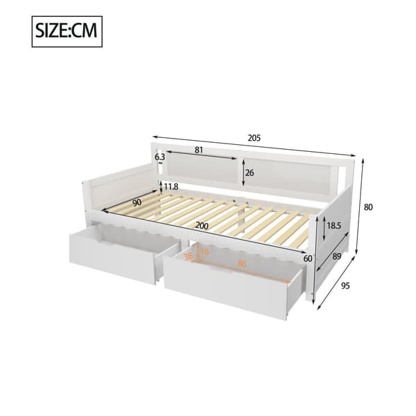 Sovesofa 90x200 cm – Enkeltseng med to opbevaringsrum – Ramme i massivt træ – Juniorseng/Børneseng – Hvid