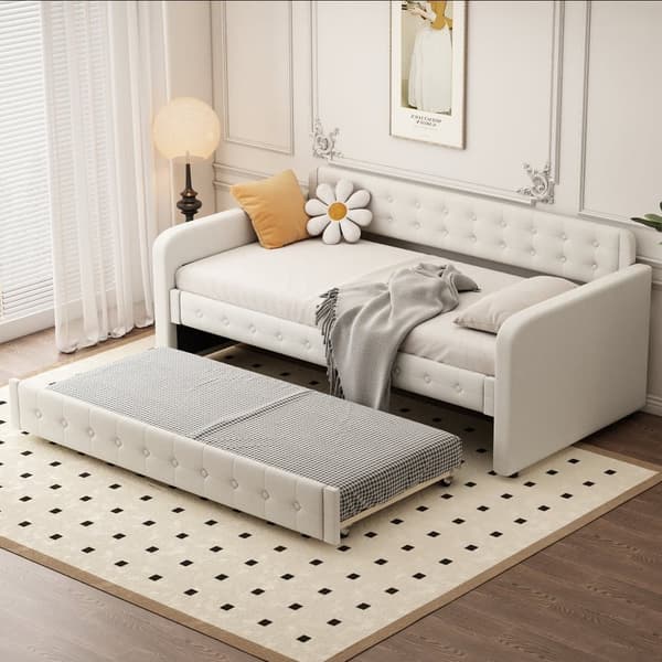 Säng med Utdragbar Bädd 90x190/200 cm i Ljusbeige Linne – Inkl. Ribbotten