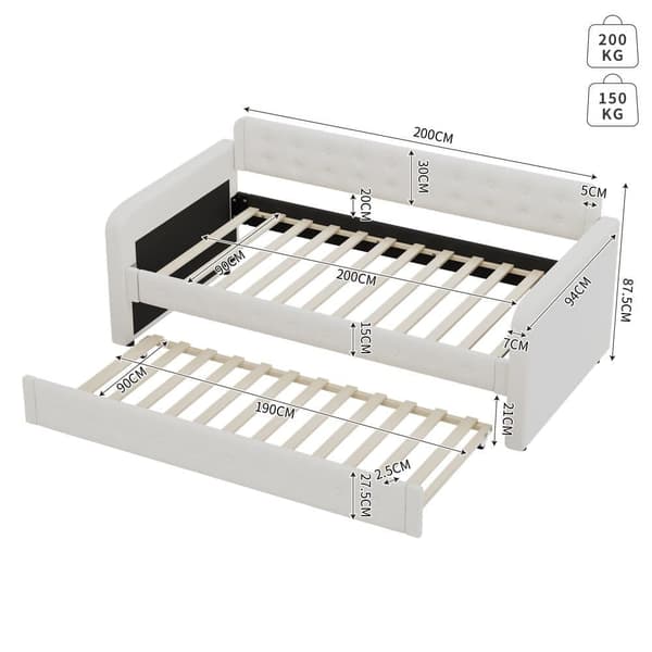 Säng med Utdragbar Bädd 90x190/200 cm i Ljusbeige Linne – Inkl. Ribbotten