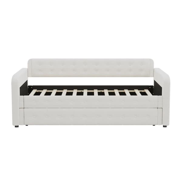 Säng med Utdragbar Bädd 90x190/200 cm i Ljusbeige Linne – Inkl. Ribbotten