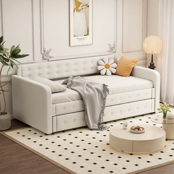 Säng med Utdragbar Bädd 90x190/200 cm i Ljusbeige Linne – Inkl. Ribbotten