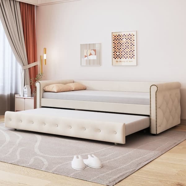 Utdragbar säng 90x200 cm i beige linnetyg med ribbotten