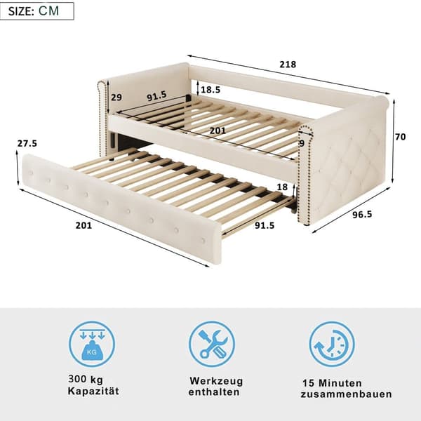 Utdragbar säng 90x200 cm i beige linnetyg med ribbotten