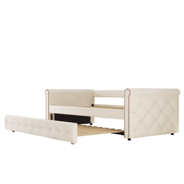 Utdragbar säng 90x200 cm i beige linnetyg med ribbotten
