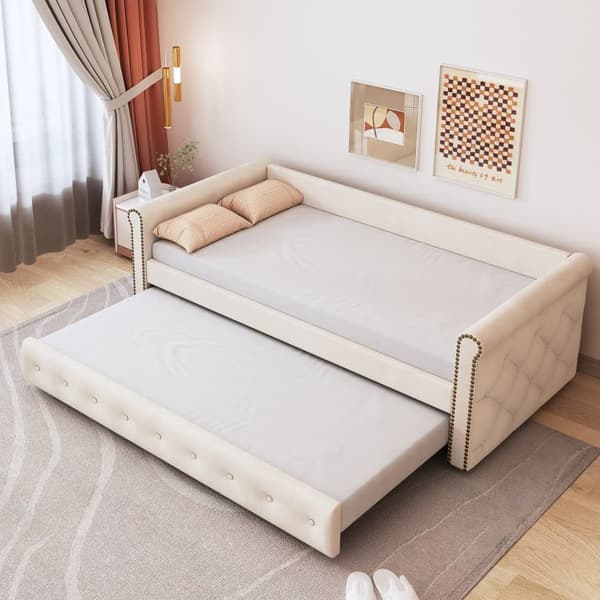 Utdragbar säng 90x200 cm i beige linnetyg med ribbotten