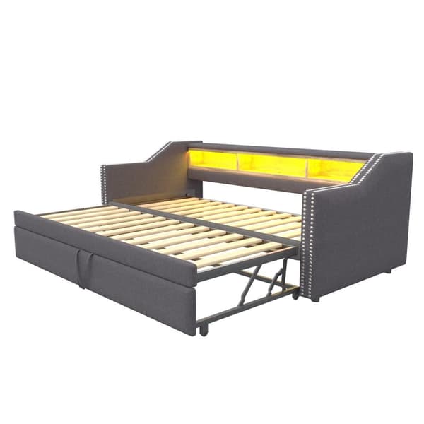 Ulosvedettävä vuodesohva 90/180x190 cm harmaata pellavakangasta LEDillä, USB:llä ja sälekehyksellä