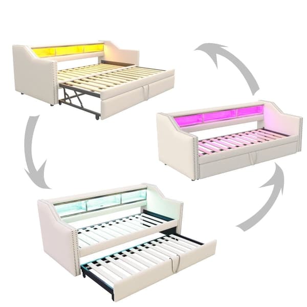 Udtrækssovesofa 90/180x190 cm i beige hørstof med LED, USB og lamelramme