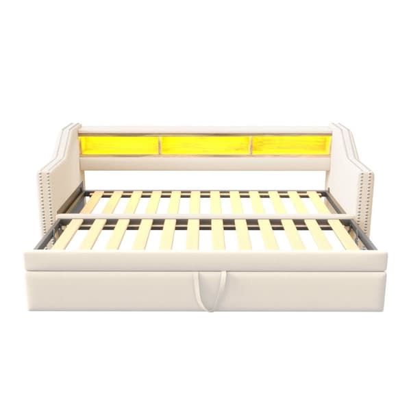 Udtrækssovesofa 90/180x190 cm i beige hørstof med LED, USB og lamelramme