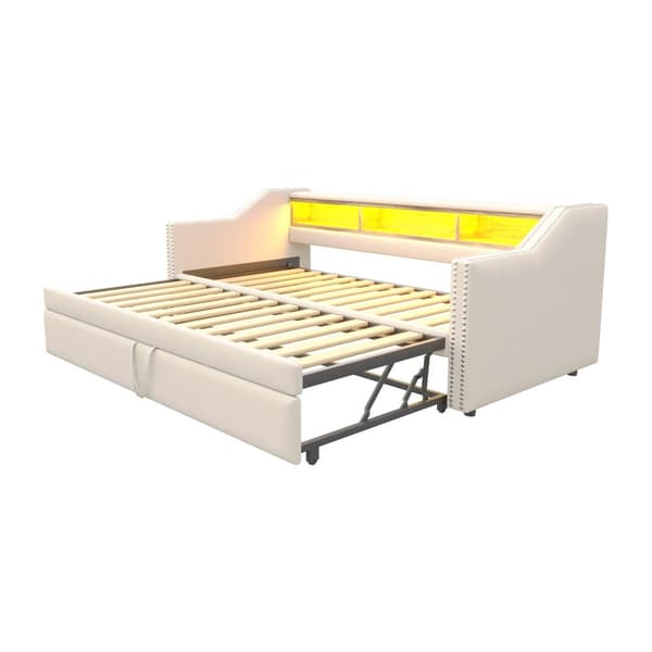Udtrækssovesofa 90/180x190 cm i beige hørstof med LED, USB og lamelramme