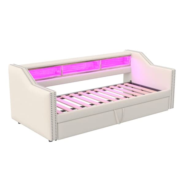 Udtrækssovesofa 90/180x190 cm i beige hørstof med LED, USB og lamelramme