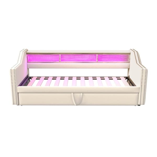 Udtrækssovesofa 90/180x190 cm i beige hørstof med LED, USB og lamelramme