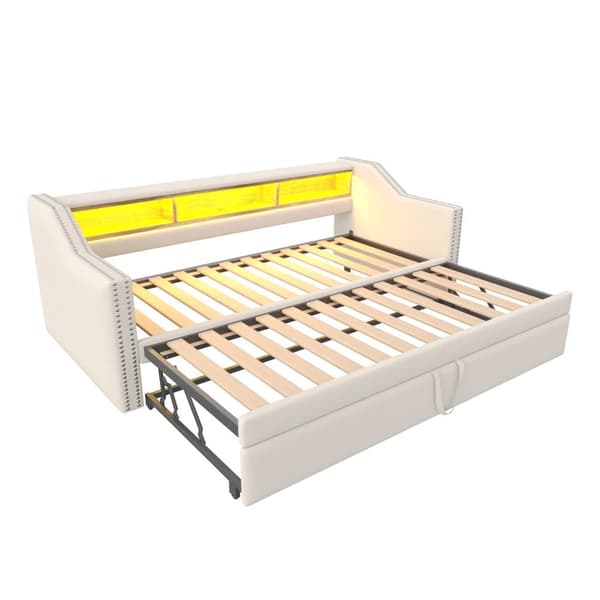 Udtrækssovesofa 90/180x190 cm i beige hørstof med LED, USB og lamelramme