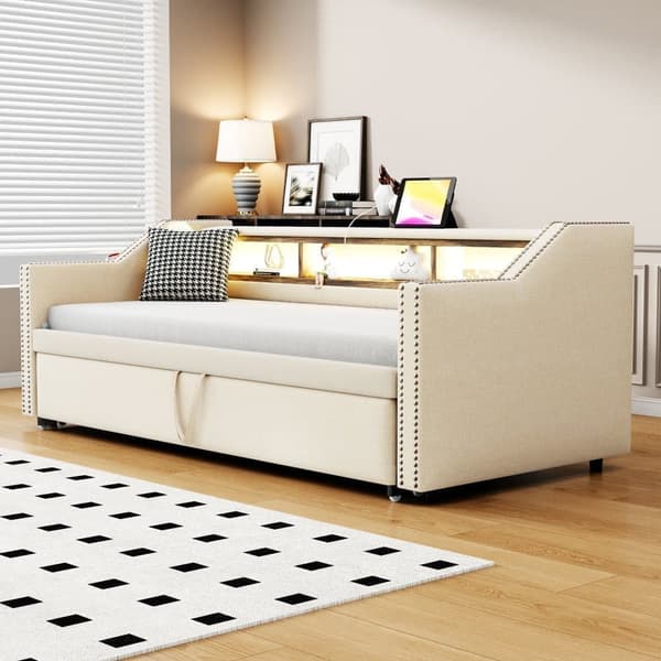 Udtrækssovesofa 90/180x190 cm i beige hørstof med LED, USB og lamelramme