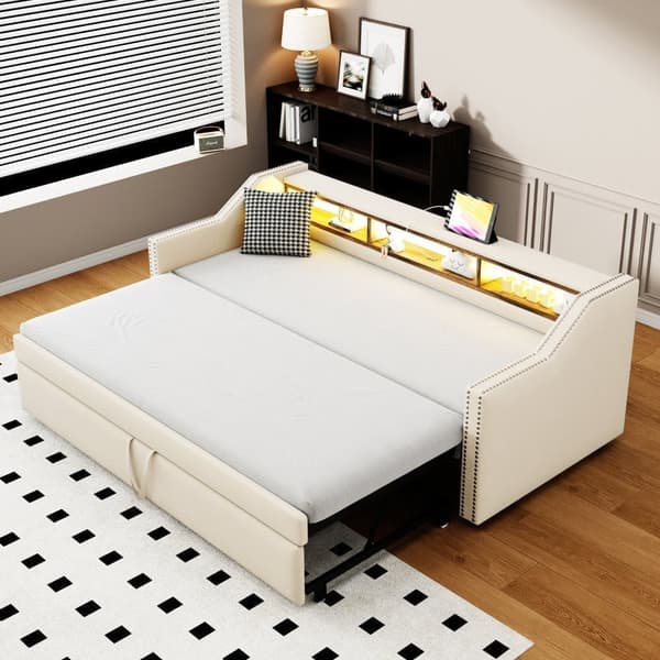 Udtrækssovesofa 90/180x190 cm i beige hørstof med LED, USB og lamelramme