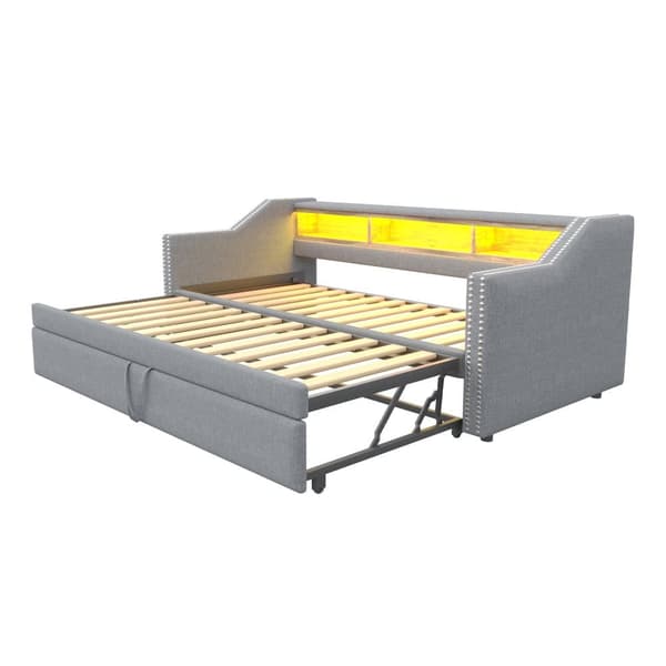 Utdragbar bäddsoffa 90/180x190 cm i ljusgrått linnetyg med LED, USB och ribbotten