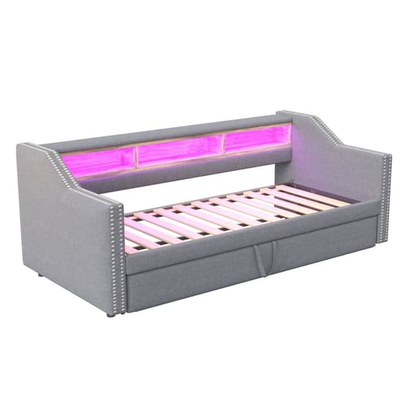 Utdragbar bäddsoffa 90/180x190 cm i ljusgrått linnetyg med LED, USB och ribbotten