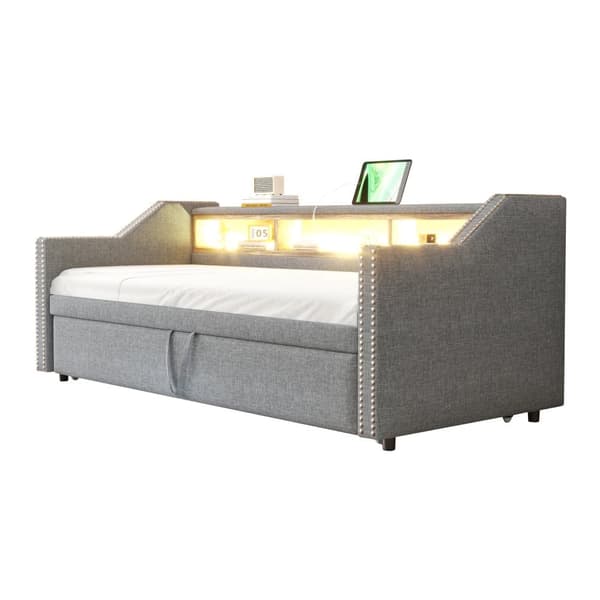 Utdragbar bäddsoffa 90/180x190 cm i ljusgrått linnetyg med LED, USB och ribbotten