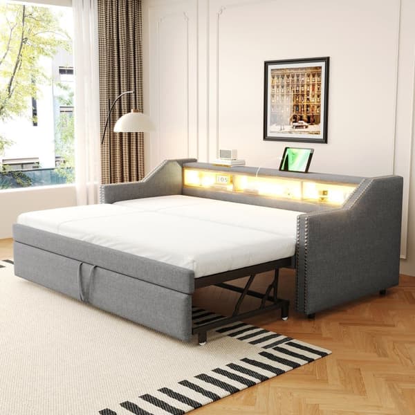 Utdragbar bäddsoffa 90/180x190 cm i ljusgrått linnetyg med LED, USB och ribbotten