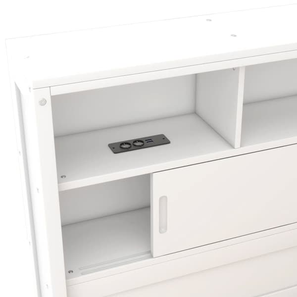 Udtræksseng i massivt træ 90x200 cm – med USB-porte og rund opbevaringshylde – hvid