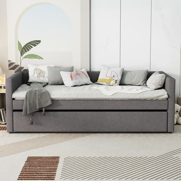 Multifunktionell utdragbar dagbädd med fällbar säng – 90x200 cm – linnetyg – grå