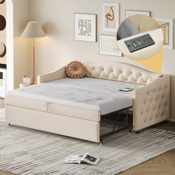 Udtræksseng 90x200 cm og 90x190 cm i linned – med USB-stik og lamelbund – Beige