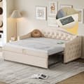 Miniatyrbillede 3 af 11: Udtræksseng 90x200 cm og 90x190 cm i linned – med USB-stik og lamelbund – Beige