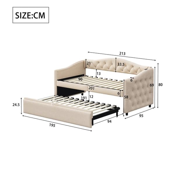 Udtræksseng 90x200 cm og 90x190 cm i linned – med USB-stik og lamelbund – Beige