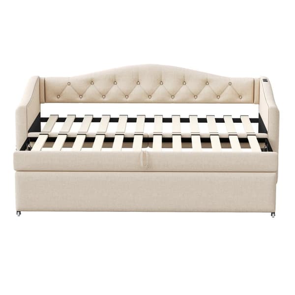 Udtræksseng 90x200 cm og 90x190 cm i linned – med USB-stik og lamelbund – Beige