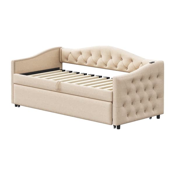 Udtræksseng 90x200 cm og 90x190 cm i linned – med USB-stik og lamelbund – Beige