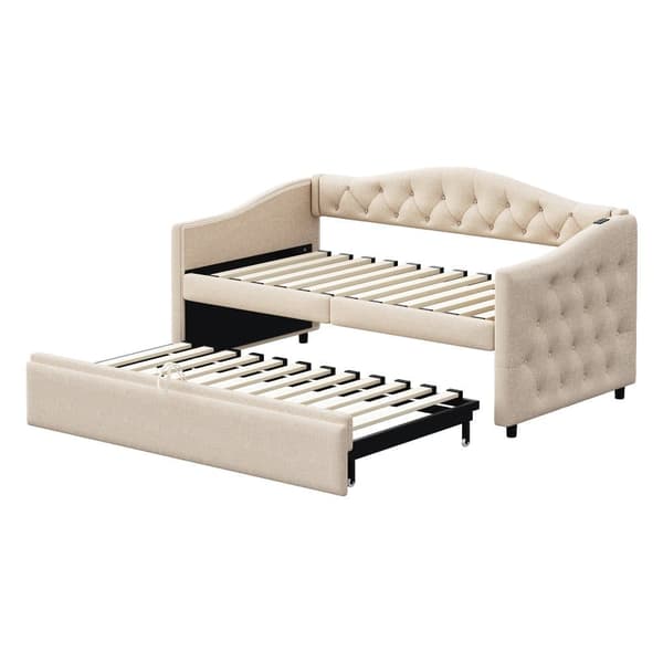 Udtræksseng 90x200 cm og 90x190 cm i linned – med USB-stik og lamelbund – Beige